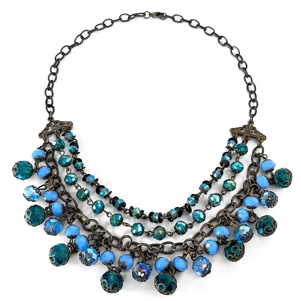 Vintage Faceted Glass Crystal Bead Layered Bib Necklace